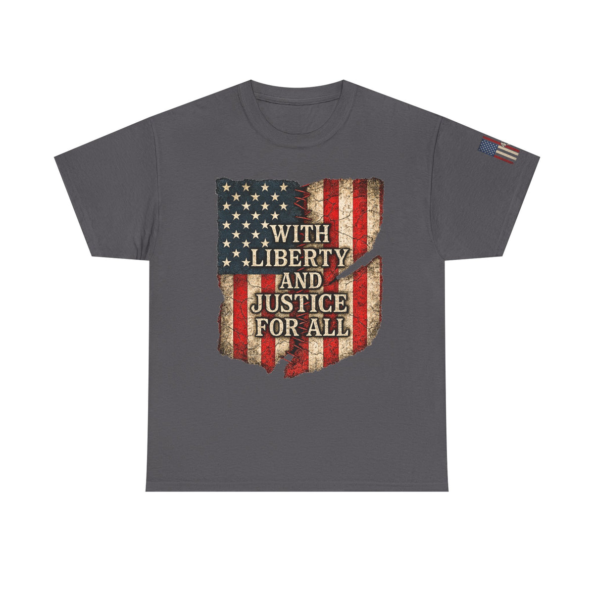 “Liberty Mended” Distressed Flag Tee – With Liberty and Justice for All, American Pride Shirt, Vintage USA Tee